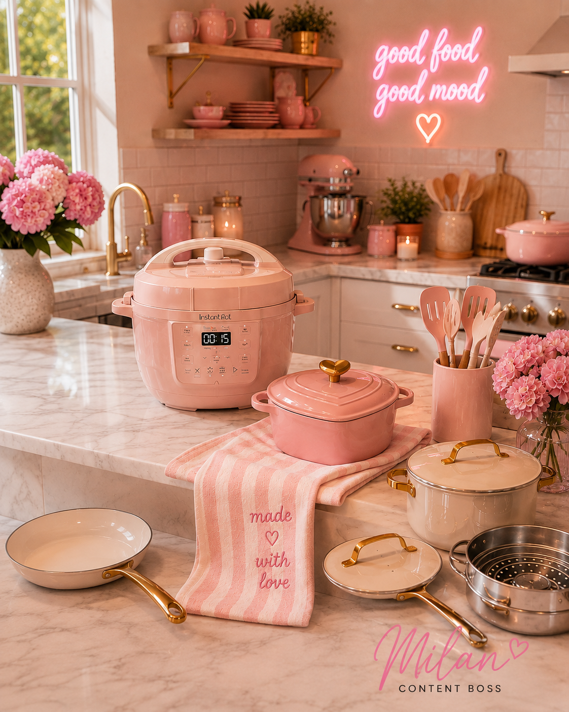 Pink kitchen with coordinated cookware, a pressure cooker, heart-shaped pot, and gold accents